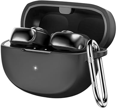 Olycism Schutzhülle für Bose Ultra Open Earbuds Hülle mit Karabiner, weiches Silikon, stoßfest, für Bose Open Ear Wireless Earbuds, Front-LED sichtbare Schutzhülle aus Leder, Schwarz