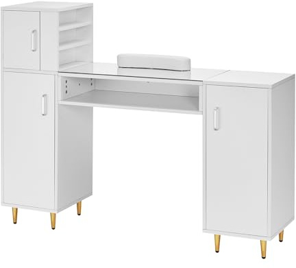 VEVOR Table de manucure, Bureau à Ongles Dessus en Verre, Station de Maquillage armoires de Rangement à l'acétone pour Salon de beauté, Station de Travail avec 8 Pieds en métal, Repose-Poignet, Blanc