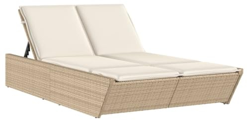 vidaXL Doppel Sonnenliege, Gartenliege mit Auflagen, Doppelliege für Garten Terrasse, Relaxliege Sonnenbett Gartenmöbel, Beige Poly Rattan