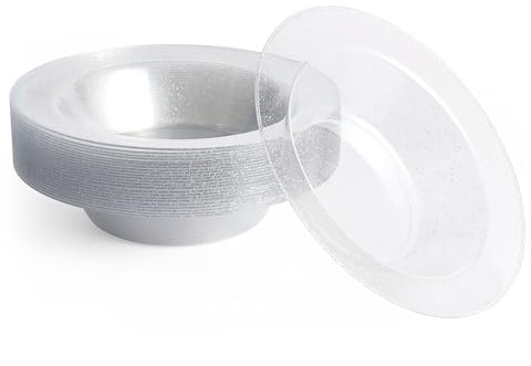 MATANA 25 Cuencos de Plástico Duro Transparente con Purpurina Plateada, 360ml - Cuencos Sopa, Platos Hondos para Bodas, Cumpleaños, Barbacoas, Fiestas - Resistentes y Reutilizables