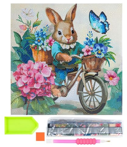 Ideen mit Herz Diamond-Painting-motivduk på kilram | 30 cm x 30 cm | Set inkl. verktyg (kanin med cykel)
