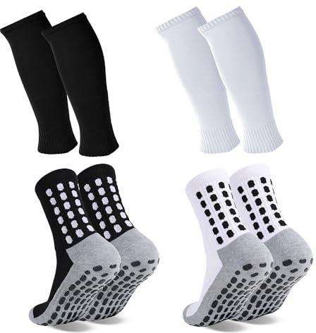 ZXOLDZX 2 Set Grip Soccer Socks with Shin Guard Sleeves Non Slip Soccer Leg Sleeve Socks for Men Women(2 Set (Black+White))