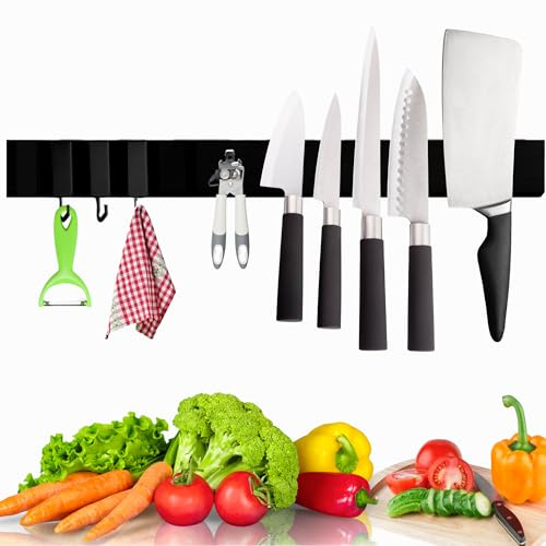 IHS Heavy Duty Kitchen Magnetic Knife Holder for Wall No Drill- Strong Stainless Steel Knife Magnetic Strip with Additional Hooks-Multipurpose Magnetic Strip for Knives, Tools & Utensils (30 CM)