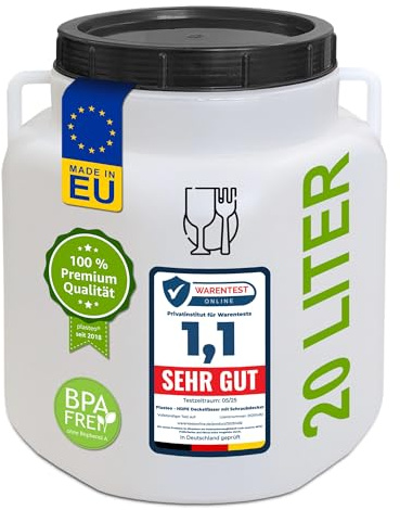 plasteo® Weithalsfass mit Schraubdeckel und Henkeln Spannring Futtertonne Kunststofffass Universalfass Deckelfass Lebensmittelecht Wasserfass Regentonne Lagerfass (20 Liter Natur Eckig)