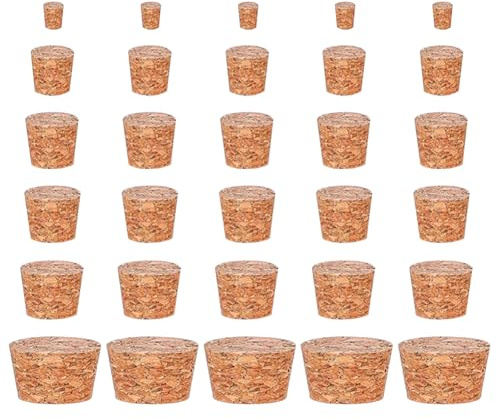 30 tapones de repuesto de corcho cónicos pequeños de 6 tamaños, tapones de corcho para botellas de vino, tapones de madera, tapones de botella de cerveza, tapones de mini recipientes de vidrio para