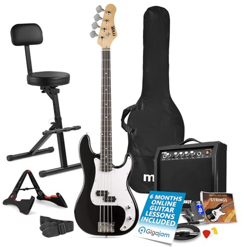 Max GigKit Complete Electric Bass Guitar Starter Pack, Black with 40W Amplifier, Accessories & GST15 Folding Musician Stool with Backrest ideal for Beginners & Advanced Players