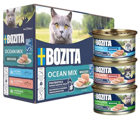 BOZITA Mousse Ocean Mix – Nourriture Humide pour Chats Gourmet en Petites doses 12 x 85 g – avec postbiotiques pour Soutenir Une Flore intestinale Saine avec Thon, Saumon et Saumon
