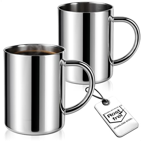 Wilhelm Sell® 2x tazze termiche 450 ml in acciaio inox – bicchieri a doppia parete con manico – resistenti, senza BPA e infrangibili – ideali per campeggio, viaggio e uso quotidiano (450ml - 2 pezzi)
