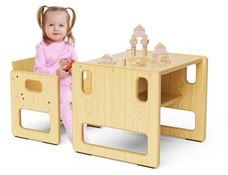 Ovshnrr Children's Table and Chair Set,Wooden Kids Study Desk with Chairs, Storage Area, Toddler Activity Furniture for Learning, Drawing, Dining (Wood tone)
