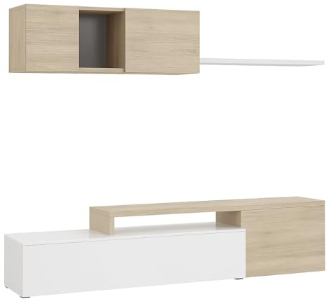 Bricozone Parete Attrezzata Moderna Soggiorno Design Contemporaneo Reversibile Con Mobile Porta Tv Pensile E Mensola In Pannello Melaminico Ideale Per Arredo Zona Living (Rovere e Bianco)