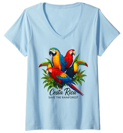 Donna Costa Rica Save The Rainforest Birds Quetzal Ara Tucano Maglietta con Collo a V