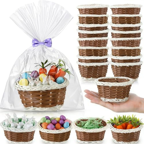 Cinnvoice 24 Sets Mini Easter Party Favor Supplies, Mini Easter Baskets with Eggs, Bunnies, Carrots, Grass & Opp Bags for Spring Egg Hunts, DIY Crafts (Brown)
