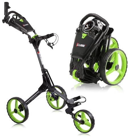 CUBE CART 3-Wheel Golf Push Cart – Ultra-Compact Two-Step Folding Golf Trolley, Lightweight 14.5 lb Frame, Adjustable Handle, Foot Brake, Umbrella Holder & Built-in Storage - Charcoal/Lime