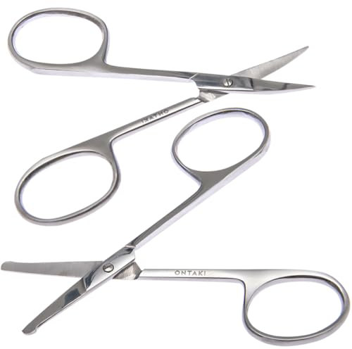Ontaki Forbici da uomo curve e arrotondate per peli del viso, ambidestri, argentate, per la cura di barba, naso e sopracciglia, con forbici professionali per barba, naso e sopracciglia