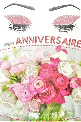 Afie Carte Heureux Anniversaire avec Paillettes Femme qui sent un bouquet de Fleurs Roses et Blanches Maquillage Mascara Fabriqué en France