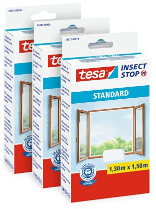 tesa Insect Stop Auto-Agrippant STANDARD pour Fenêtres - Filet Anti-Moustiques Adhésif - Découpable à la Dimension Souhaitée - Blanc, Lot de 3, 130 cm x 150 cm