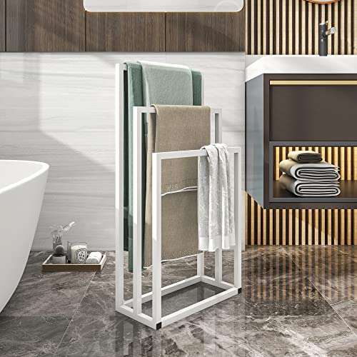 BOFENG Free-Standing Towel Rack with 3 Tiers for Bath Towels,Washcloths,Towel Holder Modern Towel Ladder with Rust-Resistant Finish Heavy Duty Bathroom Bath Towel Rail,Clothes Valet Stand (White)