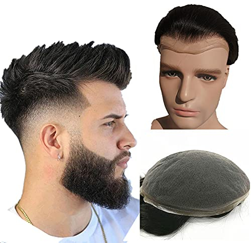Echthaar Toupet für Männer, NLW Herren Toupet Echthaar Ersatzsystem Europäisches Echthaar Perücke natürliche atmungsaktive Schweizer Spitzenhaarteil Echthaarperücken für Männer 10x8 (#1 Tiefschwarz)