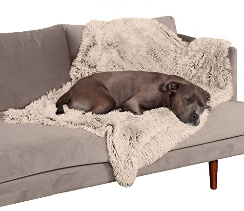 Furhaven Waterproof Throw Blanket for Dogs & Indoor Cats, Washable - Shaggy Plush Calming Long Faux Fur & Velvet Dog Blanket - Taupe, Large