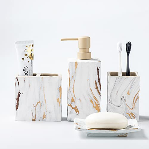 RQYIXI Set di accessori per il bagno 4 pezzi effetto marmo set portaspazzolino dispenser sapone da banco in ceramica set di decorazioni per il bagno oro