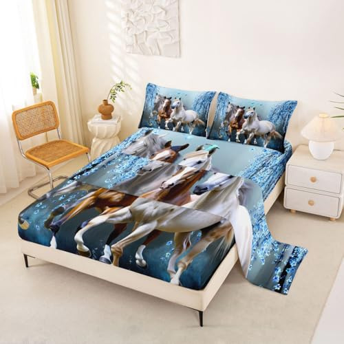 Feelyou Boys Horse Bed Sheets Cherry Blossom Branches Steed Kids Dreamy Blue Sheet Set Girls Teens Galloping Horse Bed Set Wild Animal Decor Sheets Bedroom Collection 3Pcs Twin Size