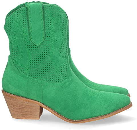 Botin de Tacon Campero para Mujer, Comodo, con Perforado Mil Puntos en Cana, Bordado, y Cierre de Cremallera, Primavera Verano 2023