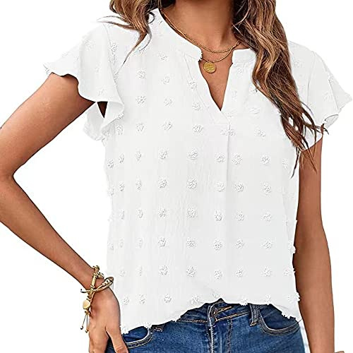 BKEPDY T-Shirt à Manches Courtes et col en V pour Femme Lâches Hauts Décontracté Base Top Chemisiers d'été Tee Shirt Élégant Shirts Ruffle Sleeve Dot Chiffon Shirt Couleur Unie Blouse Chic