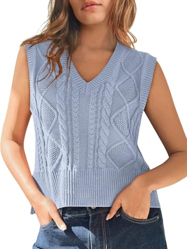 Tongmingyun Gilet sans manches pour femme en tricot avec col en V Pullover en tricot basique uni Tank Top pour le travail et les loisirs Gilet en maille pour femmes, bleu, S