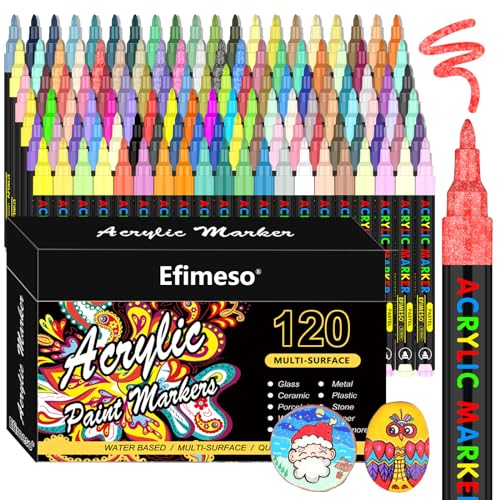 Efimeso Set de Rotuladores Acrilicos -120 Colores Rotuladores Pintura Acrilica Rocas Cerámica Piedra Vidrio Madera Metal, Acrílico Marcadores 0.7mm Punta Extra Fina Base de Agua