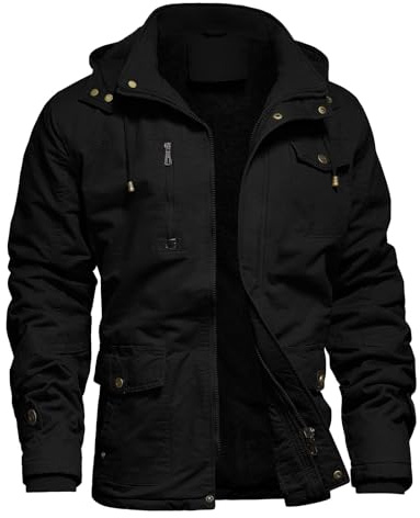 Dr.Cyril Chaqueta de invierno para hombre con forro polar de algodón grueso militar táctico con capucha abrigos de trabajo con bolsillos cargo, Negro -, Large