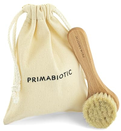 Primabiotic Gesichtsmassagebürste mit Beutel – Ökologisches Produkt aus Europa – Eichenholz & Ziegenhaar – Für alle Hauttypen – Inkl. handgefertigtem Beutel
