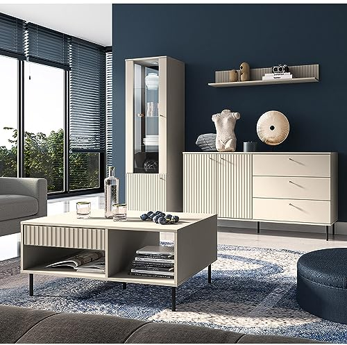 Lomadox Wohnwand in Kaschmir matt modern 4-teilig mit gerillter Optik inkl. Couchtisch, Vitrine, Sideboard, Wandboard