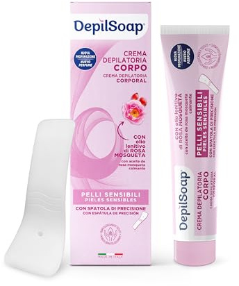 Depilsoap - Crema de depilación corporal de 150 ml – Piel sensible – Sin amoniaco – Enriquecida con aceite de rosa y ácido hialurónico – Delicado aroma con notas florales