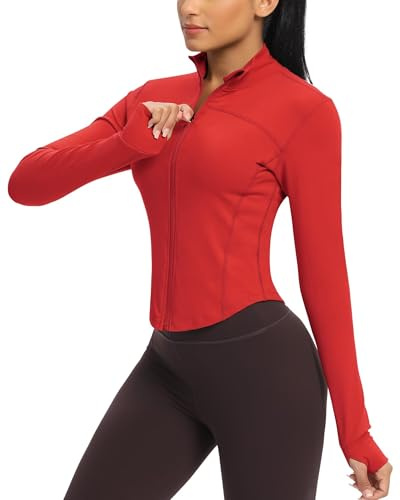 Queenie Ke Women's Cropped Running Jackets - Zip Up Lightweight Athletic Yoga Gym Tops BBL Jacket with Thumb Holes (Gright Red, X-Large)
