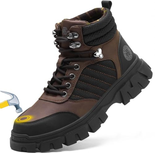 Waterproof Steel Toe Boots For Men-6 Inch Comfortable Mens Safety Work Boots Indestructible Steel Toe Shoes Lightweight Non Slip Puncture Resistant Industrial Construction Boot,Brown,Size 11 men