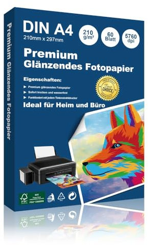 Hepta Print 60 Blatt Inkjet Glänzendes Fotopapier A4 210 g/m², A4 Glänzend Fotokarten für Canon Epson HP Tintenstrahldrucker Photokarten Sofort Trocken Wasserfest Hochweiß Fotoblätter
