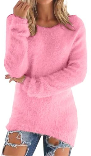 Pink Fuzzy Shirt, Women’s Fleece Sweatshirt Warm Soft Teddy Plush Pullover Tops Long Sleeve Crew Neck Casual Winter Jumper Lightweight Soft Cozy Loungewear Hot Pink S