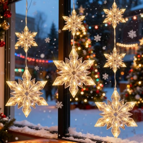 MaxEarn 3 stycken LED-snöflinga belysning, ljusgardin, jul med 60 lysdioder, 8 lägen och timer julbelysning, batteridriven julbelysning, fönster för inomhus, utomhus