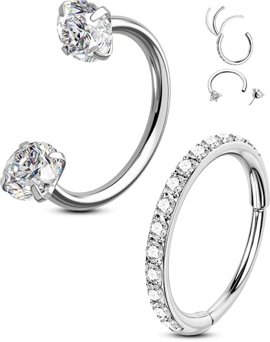 OUFER 2PCS Nose Rings Hoops, 20g Double Gem Horseshoe Threadless Nose Rings for Women, Septum Clicker Daith Tragus Helix Rook Eyebrow Lip Piercing Jewelry-8mm