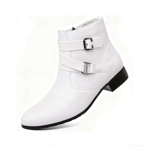 ENOEGMSD Men's Leather Chunky Heel Chelsea Boots Fashion Pointed Toe Side Zipper Chukka Booties Classic Buckle Strap Block High Heels High Top Formal Dress Ankle Boots (White,11)