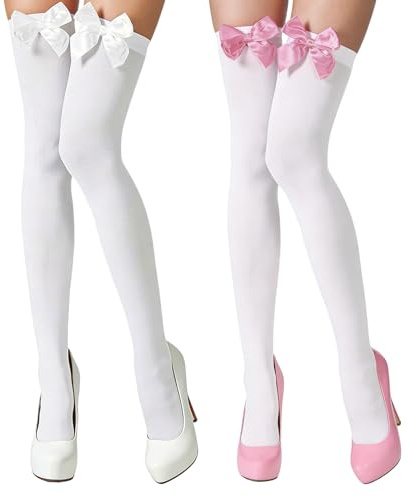Chersun 2 Pairs Knee High Socks for Women, 1.7FT Long White Stockings with Bow, Elegant Satin Over The Knee Women's Clothing, Stretchable Thigh High Socks for School, Cosplay, Party and Daily Wear
