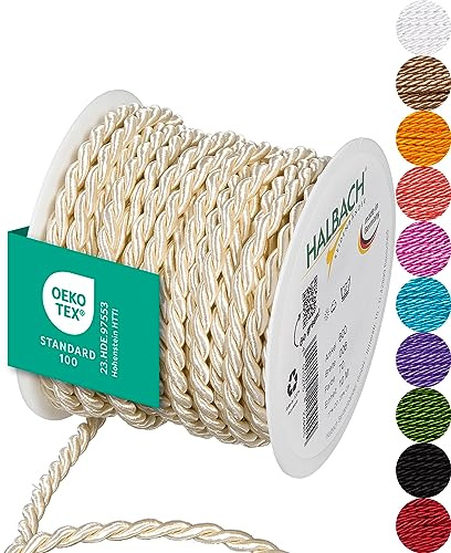 Halbach Seidenbänder Cordoncino premium (crema), larghezza 6 mm, lunghezza 10 m, prodotto in Germania e certificato Öko-Tex, cordoncino in raso lucido in acetato