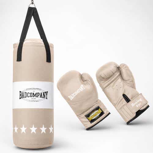 Bad Company boxningsset för barn och tonåringar upp till 12 år grå – boxningssäck fylld med upphängning 55 x 25 cm och boxhandskar barn 20 ml – boxningssäck set barn hängande