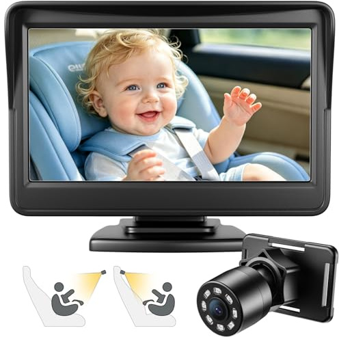 FEISIKE Espejo de bebé para coche, cámara de coche de bebé con visión nocturna, ver al bebé en el asiento trasero con pantalla HD de 4.3 pulgadas, observa cada movimiento del bebé en cualquier momento