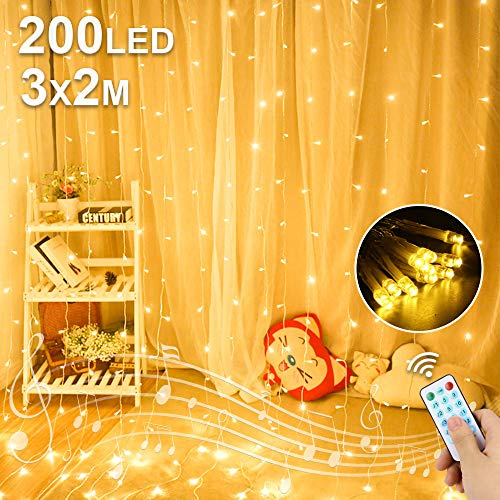 Cortina de Luces LED, 3x2M 200 LED Cadena de Hadas, 8 Modos, IP65 Impermeable, USB para Exteriores, Decoración de Casa, Fiestas, Navidad, Bodas