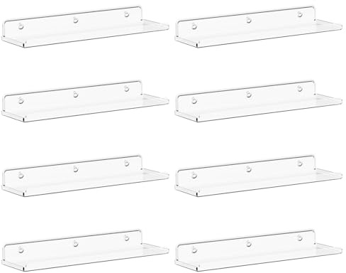 Lifewit Acrylic Floating Shelves for Wall 14 Clear, 8 Pack | Wall Mounted Display Shelf for Figure, Car, Art, Book, Perfume Organizer for Bedroom, Living Room, Nursery Decor