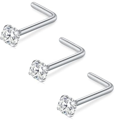 FECTAS Nose Ring L Shaped Nose Stud 20G L Bend Nose Piercing Jewellery Stainless Steel 2.5mm Diamond CZ Silver 3pcs