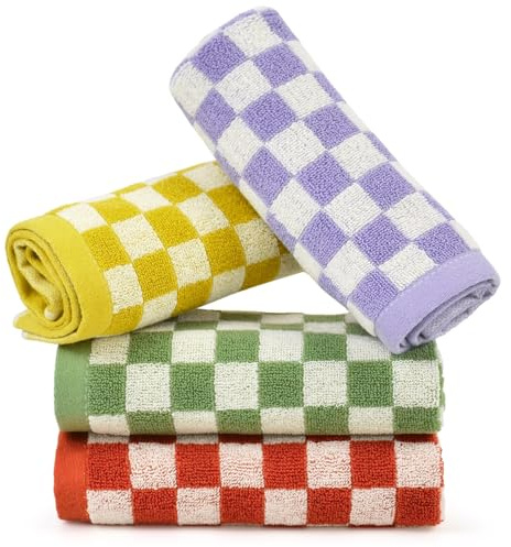 Jacquotha Cotton Wash Cloths Checkered 4 Pack 4 Colors - Bathroom Washcloths for Face Body, 13 x 13 Inches Daily Cleansing Towels
