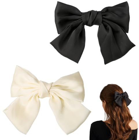 ZEVONDA 2 Pack Bow Hair Clips - Silky Satin Ribbon Hair Bows Barrettes with Metal Clasp Bow Hair Pins Solid Color Sweetness butterfly Clips Hair Accessories for Girls Women, Black+Beige