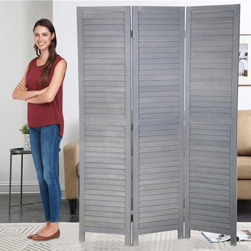 3 Panel Room Divider, Partition Room Dividers with Non-Slip Silicone Mat, 4.3 Ft Folding Screens Two-Way Hinge, Folding Privacy Room Divider for Home Office Restaurant Bedroom, Wooden Screen - Gray